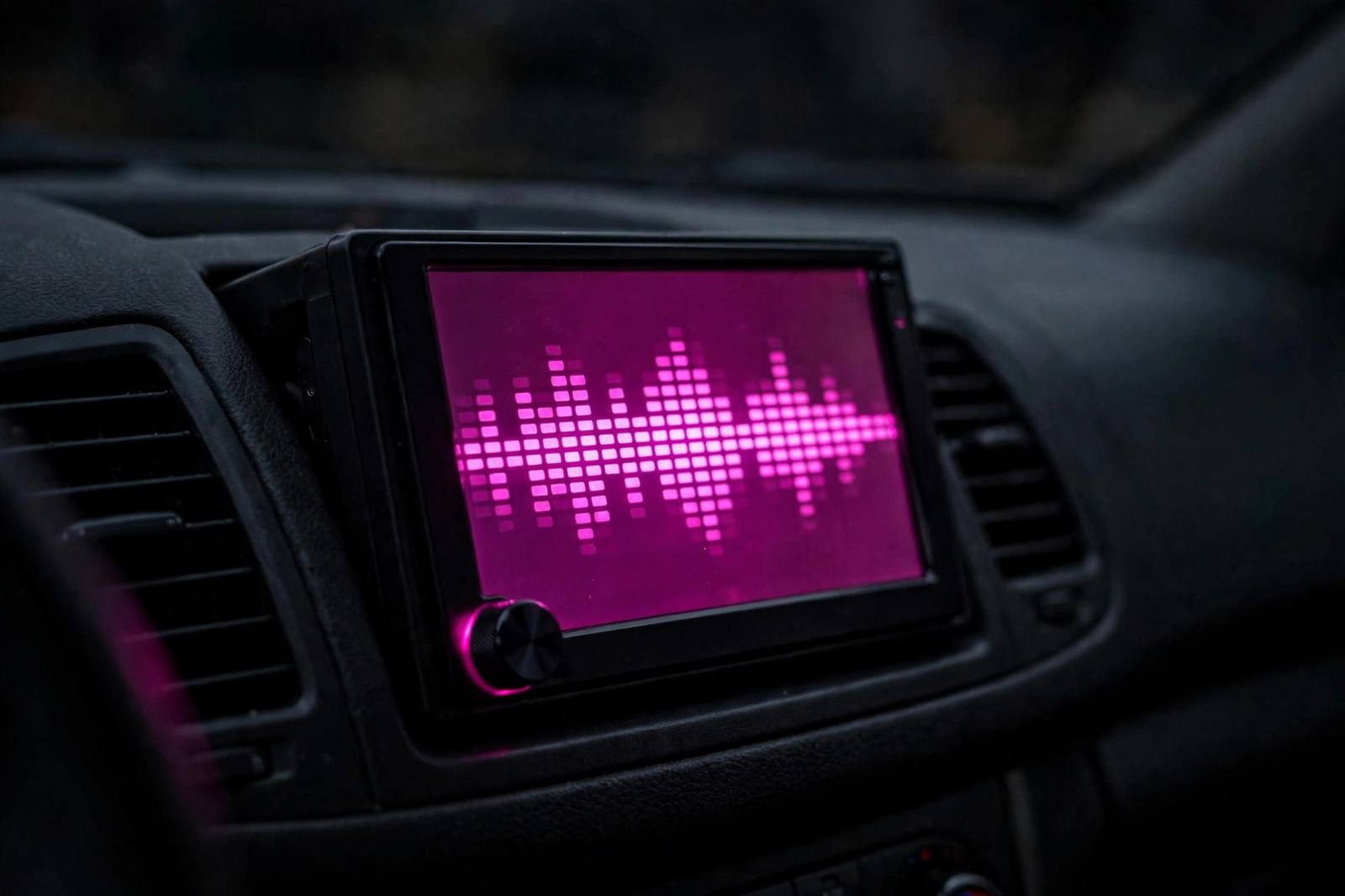 Aftermarket head unit installed in a car dashboard, glowing magenta