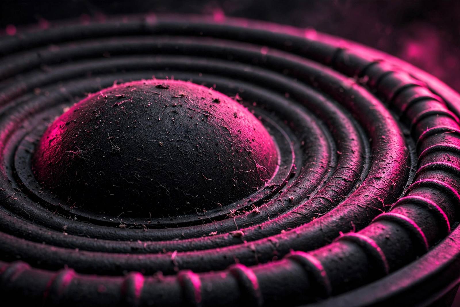 Subwoofer cone lit in magenta, close up